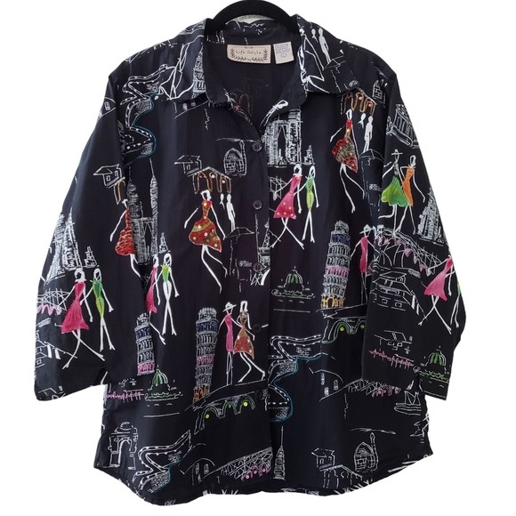 Life Style Tops - Life Style Travel Landmarks Embroidered Artwork Short Sleeve Shirt, Black, Sz L